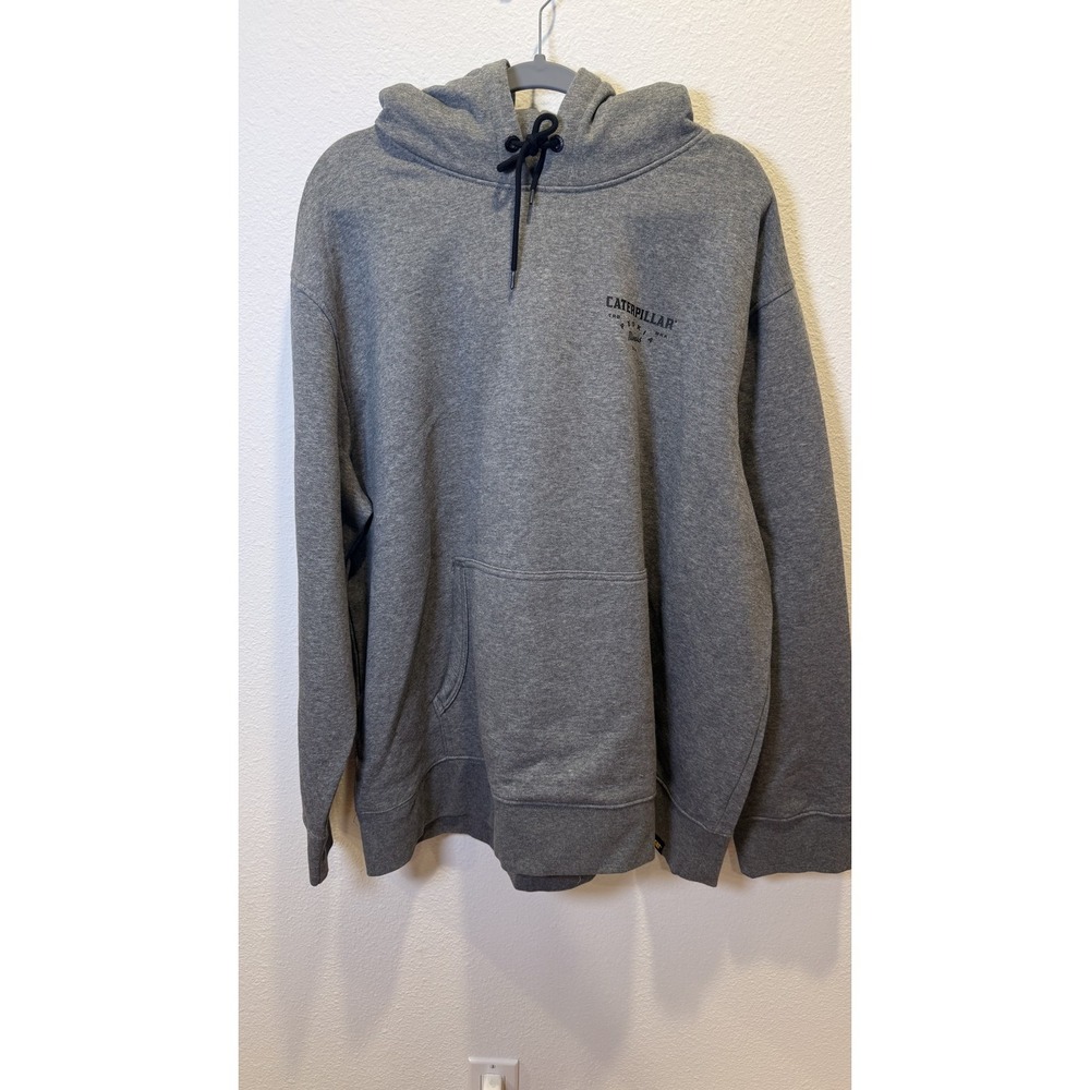 Caterpillar Hoodie Mens 2XL Gray Graphic Pullover Heavyweight Fleece Back Print